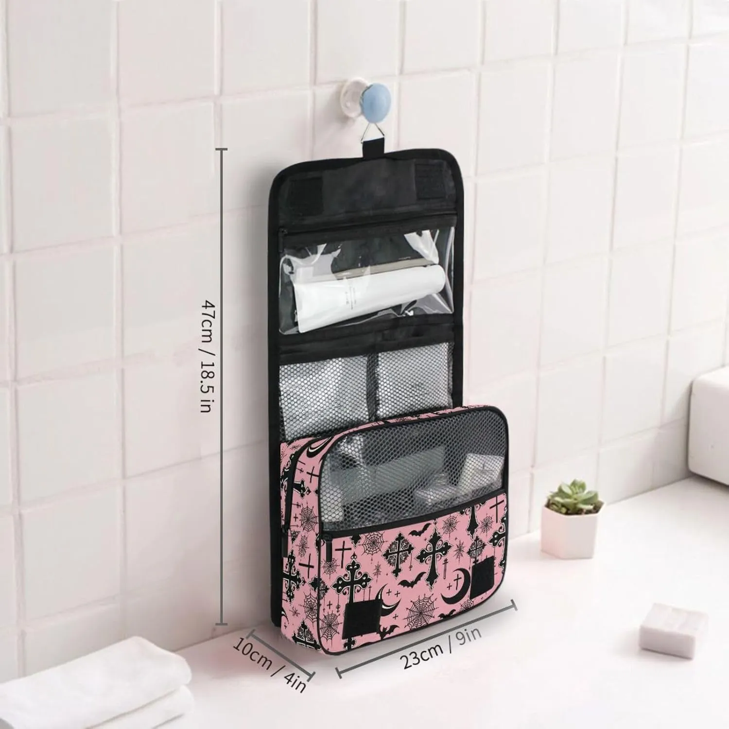 MNSRUU Hanging Toiletry Bag Black Gothic Moon Spider Webs and Bats Travel Makeup bag for Toiletries Portable Travel Toiletry Organizer Cosmetic Bags with Hanging Hook