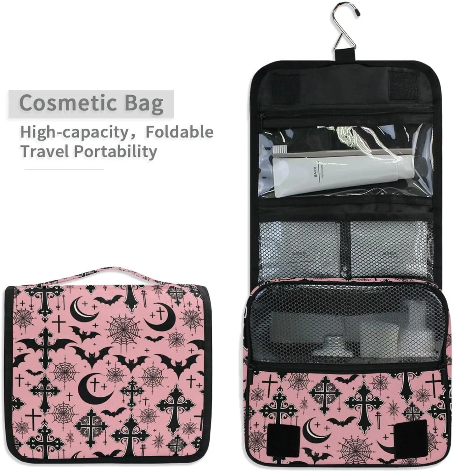 MNSRUU Hanging Toiletry Bag Black Gothic Moon Spider Webs and Bats Travel Makeup bag for Toiletries Portable Travel Toiletry Organizer Cosmetic Bags with Hanging Hook