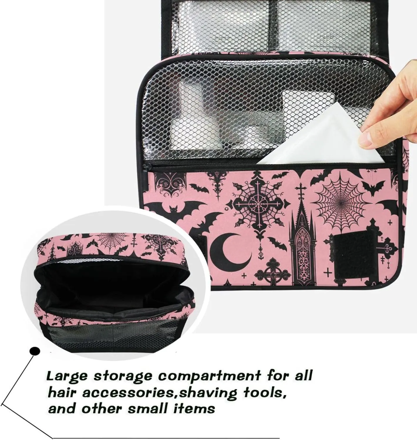MNSRUU Hanging Toiletry Bag Black Gothic Moon Spider Webs and Bats Travel Makeup bag for Toiletries Portable Travel Toiletry Organizer Cosmetic Bags with Hanging Hook