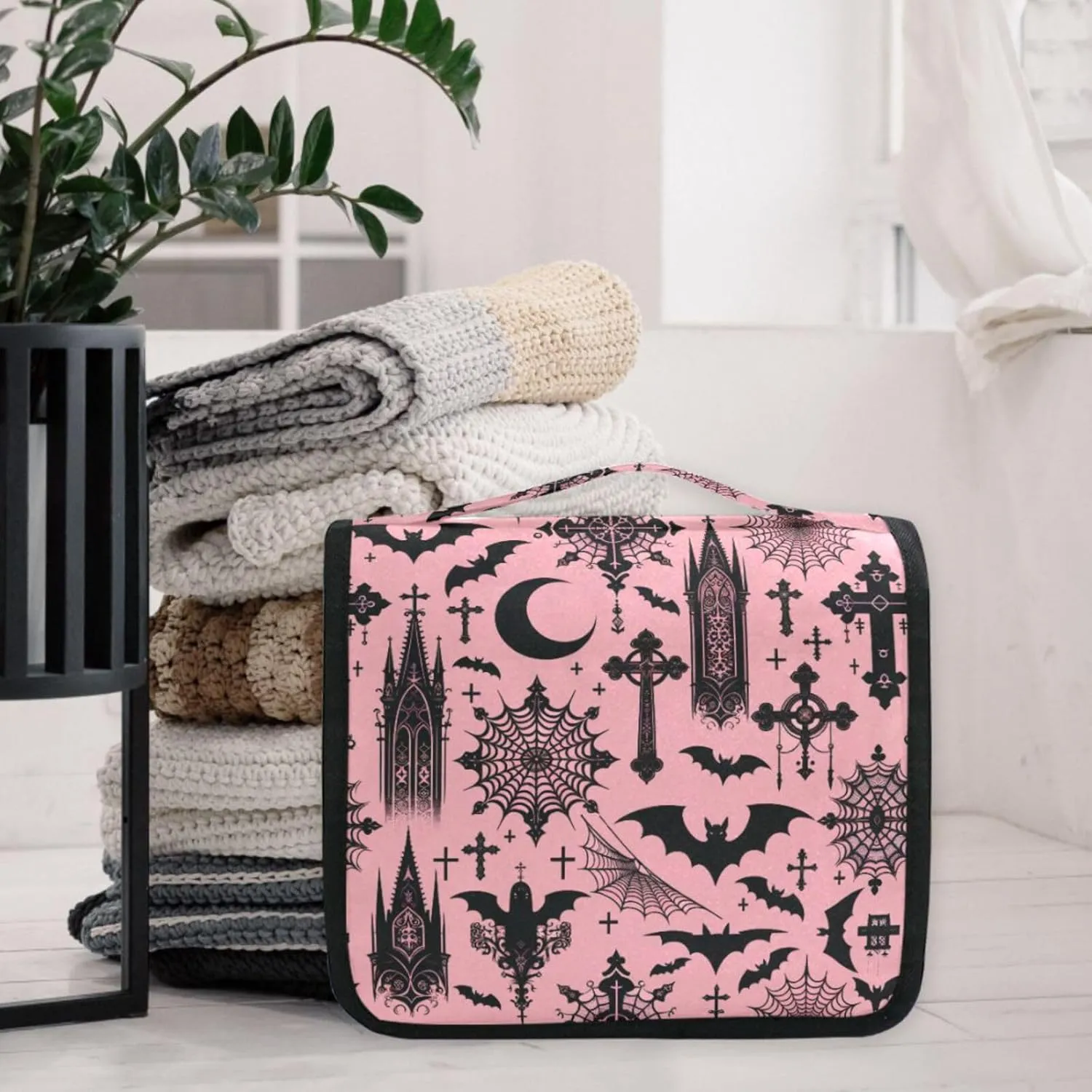 MNSRUU Hanging Toiletry Bag Black Gothic Moon Spider Webs and Bats Travel Makeup bag for Toiletries Portable Travel Toiletry Organizer Cosmetic Bags with Hanging Hook