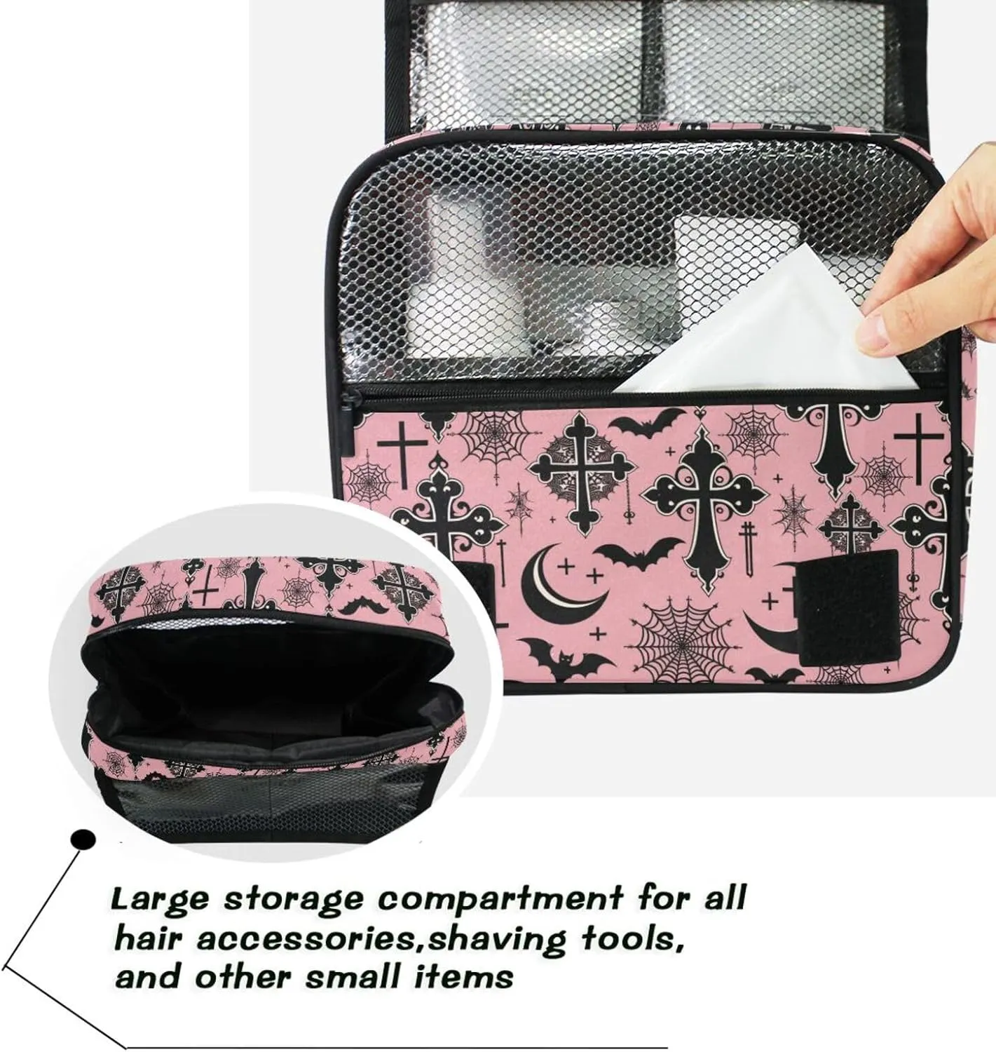 MNSRUU Hanging Toiletry Bag Black Gothic Moon Spider Webs and Bats Travel Makeup bag for Toiletries Portable Travel Toiletry Organizer Cosmetic Bags with Hanging Hook