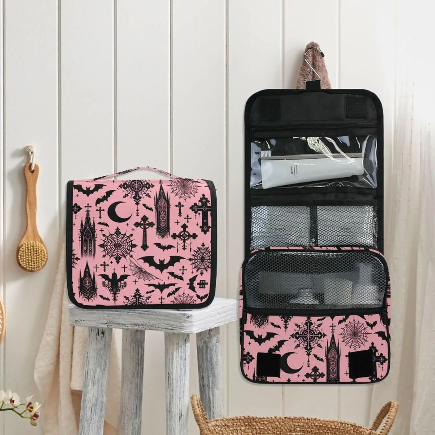 MNSRUU Hanging Toiletry Bag Black Gothic Moon Spider Webs and Bats Travel Makeup bag for Toiletries Portable Travel Toiletry Organizer Cosmetic Bags with Hanging Hook