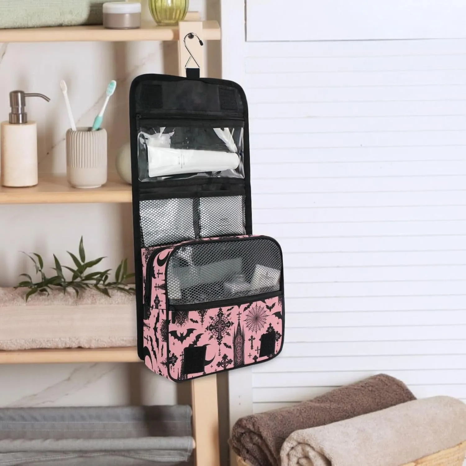 MNSRUU Hanging Toiletry Bag Black Gothic Moon Spider Webs and Bats Travel Makeup bag for Toiletries Portable Travel Toiletry Organizer Cosmetic Bags with Hanging Hook