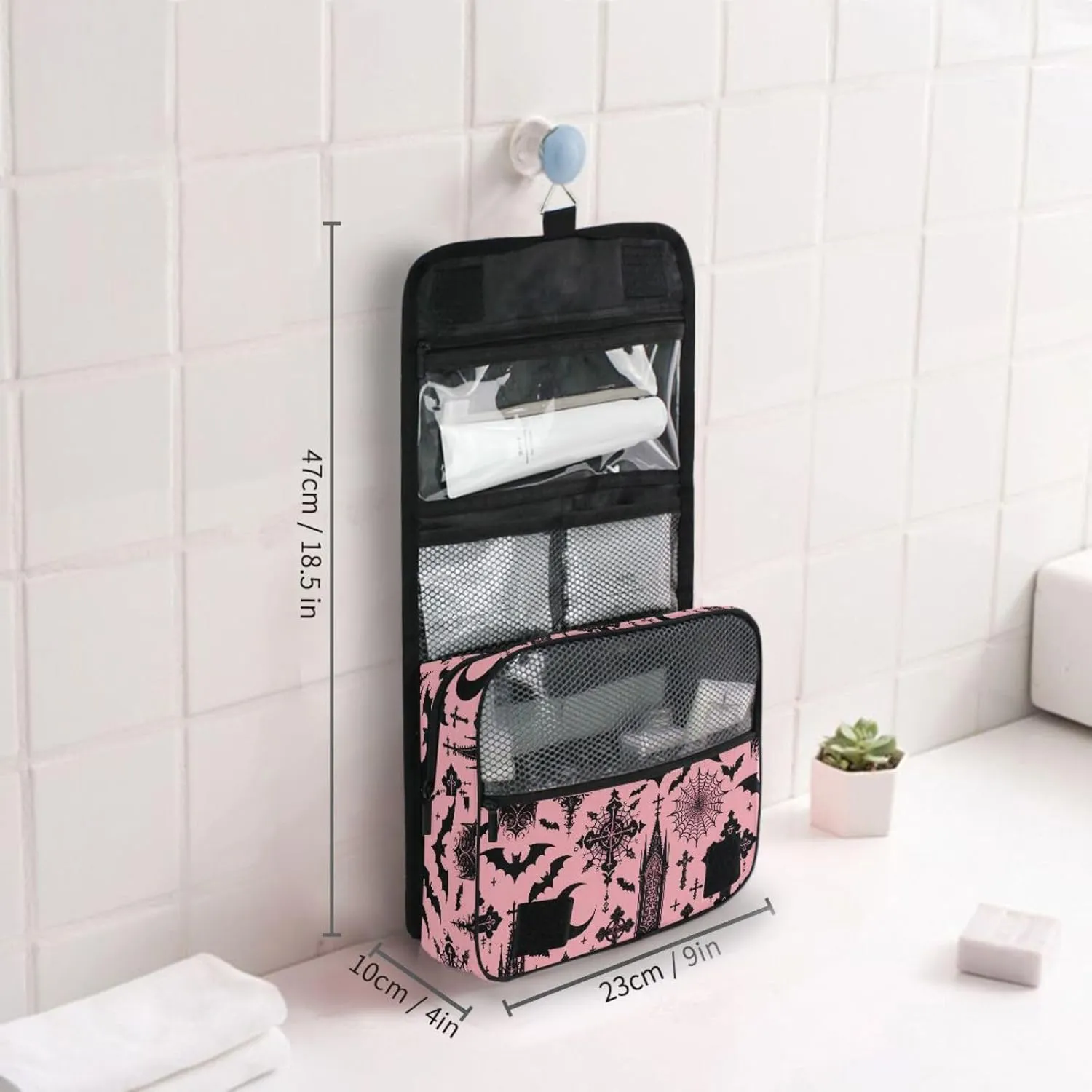 MNSRUU Hanging Toiletry Bag Black Gothic Moon Spider Webs and Bats Travel Makeup bag for Toiletries Portable Travel Toiletry Organizer Cosmetic Bags with Hanging Hook