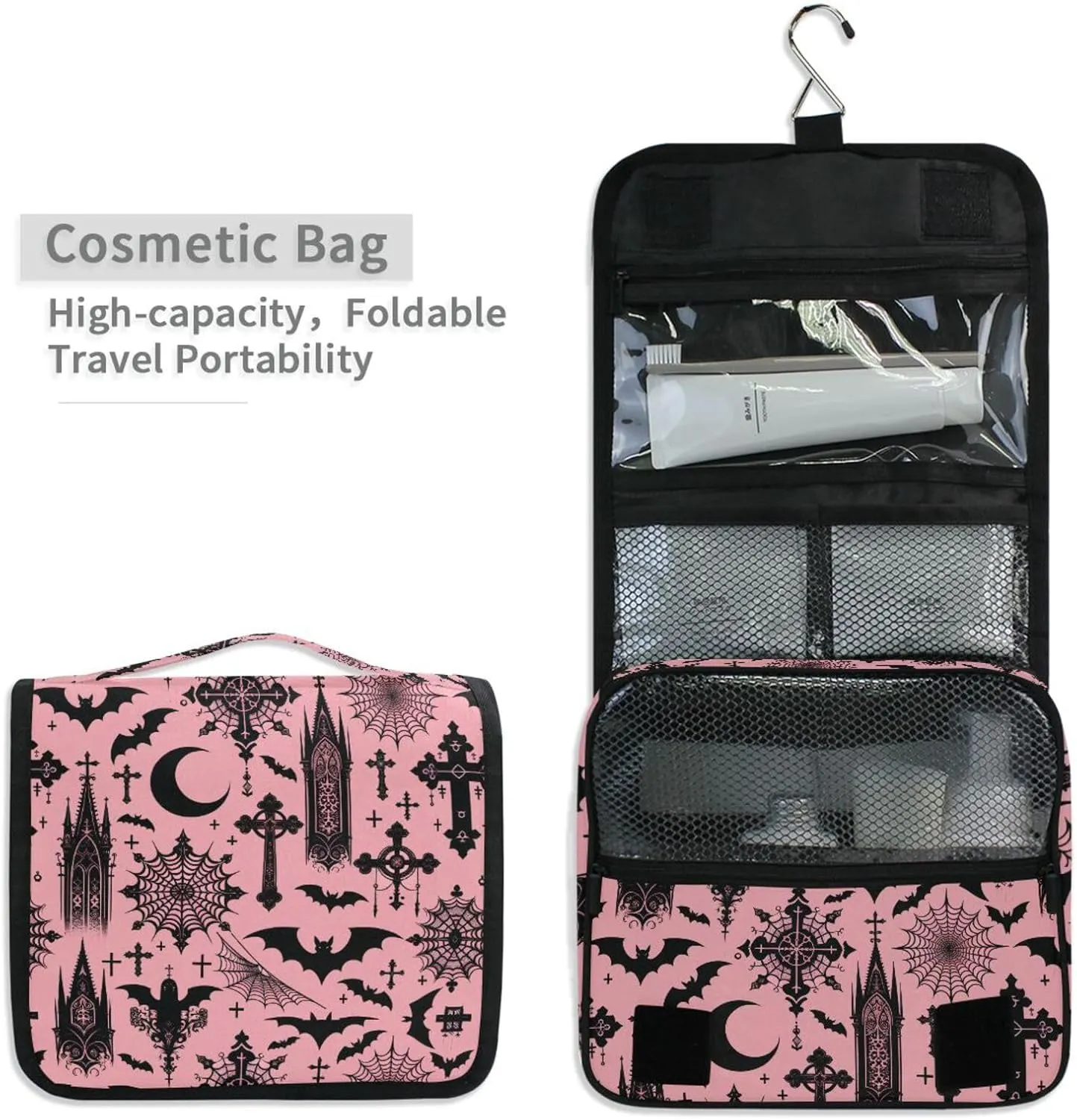 MNSRUU Hanging Toiletry Bag Black Gothic Moon Spider Webs and Bats Travel Makeup bag for Toiletries Portable Travel Toiletry Organizer Cosmetic Bags with Hanging Hook