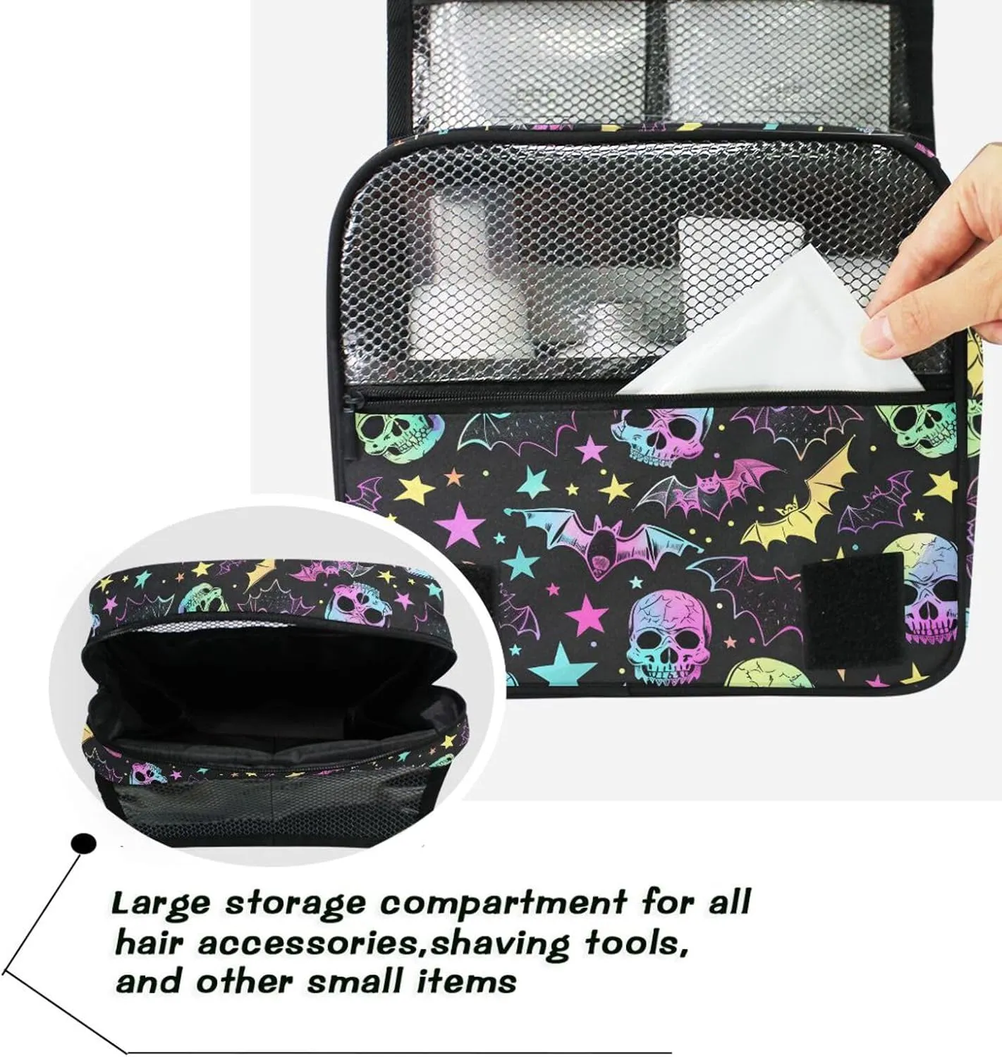 MNSRUU Hanging Toiletry Bag Gothic Bat Skull Stars Travel Makeup bag for Toiletries Portable Travel Toiletry Organizer Cosmetic Bags with Hanging Hook