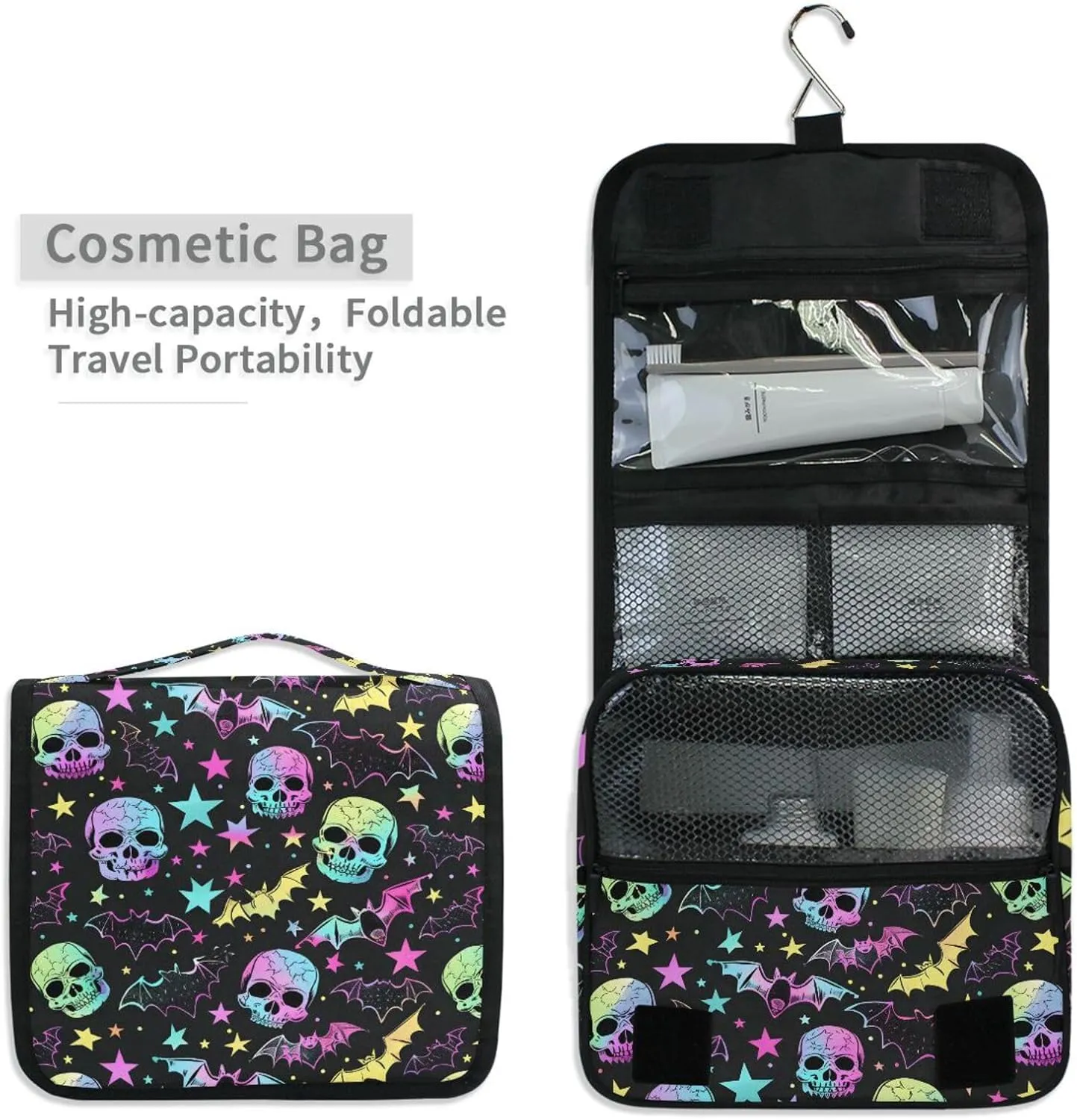 MNSRUU Hanging Toiletry Bag Gothic Bat Skull Stars Travel Makeup bag for Toiletries Portable Travel Toiletry Organizer Cosmetic Bags with Hanging Hook