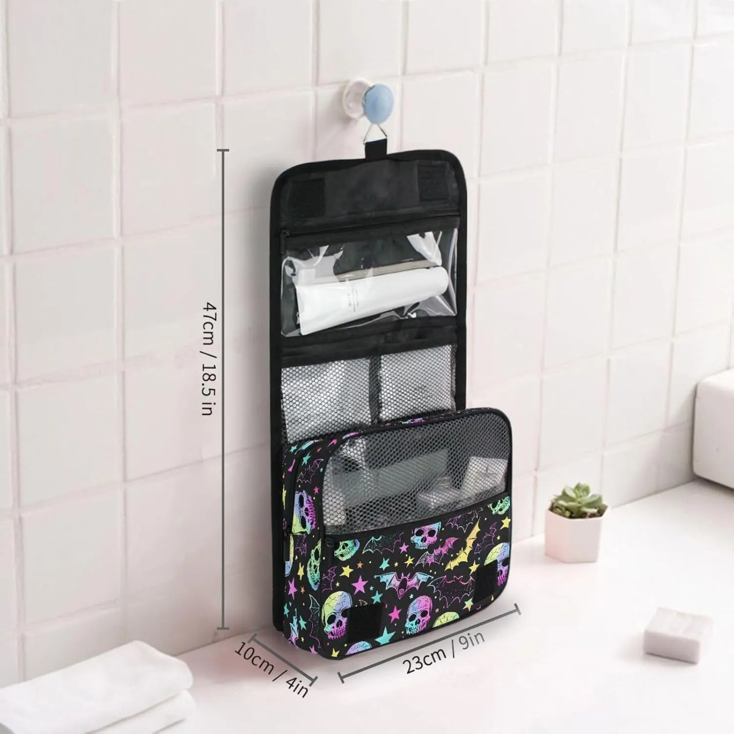 MNSRUU Hanging Toiletry Bag Gothic Bat Skull Stars Travel Makeup bag for Toiletries Portable Travel Toiletry Organizer Cosmetic Bags with Hanging Hook