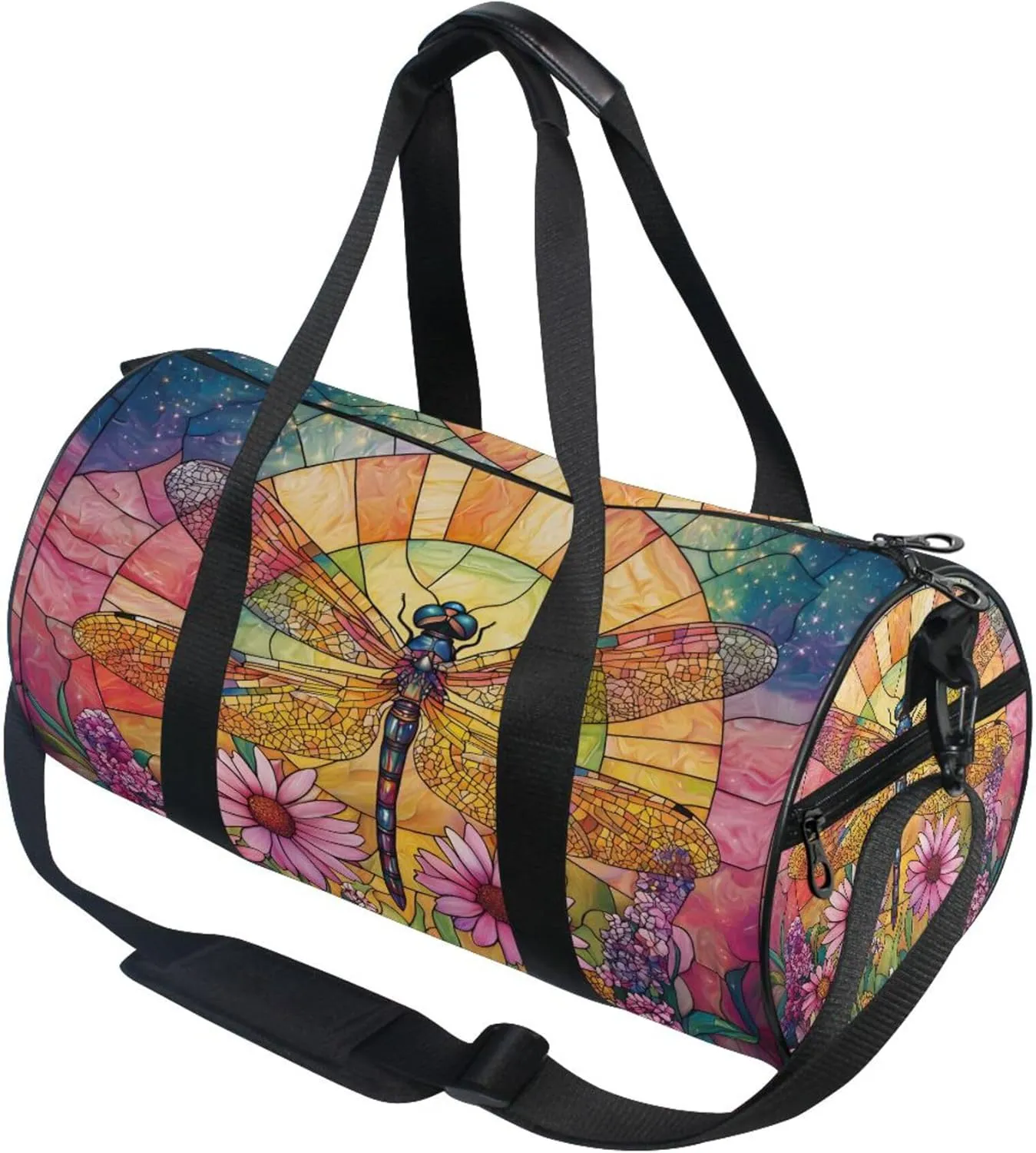 MNSRUU Sports Duffel Bags, Dragonfly Flower Stained Glass Athletic Gym Bag Overnight Workout Travel Tote Luggage for Men Women Yoga