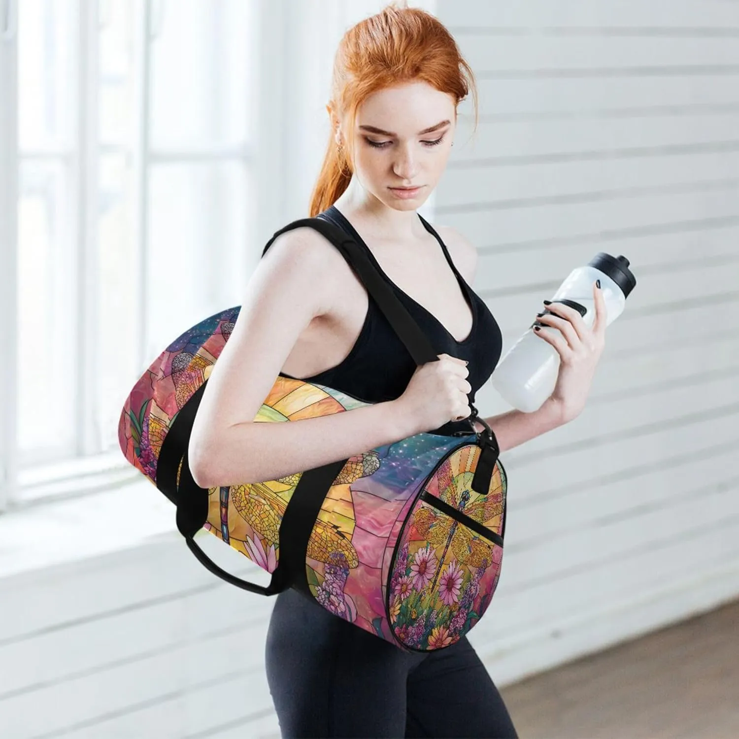 MNSRUU Sports Duffel Bags, Dragonfly Flower Stained Glass Athletic Gym Bag Overnight Workout Travel Tote Luggage for Men Women Yoga