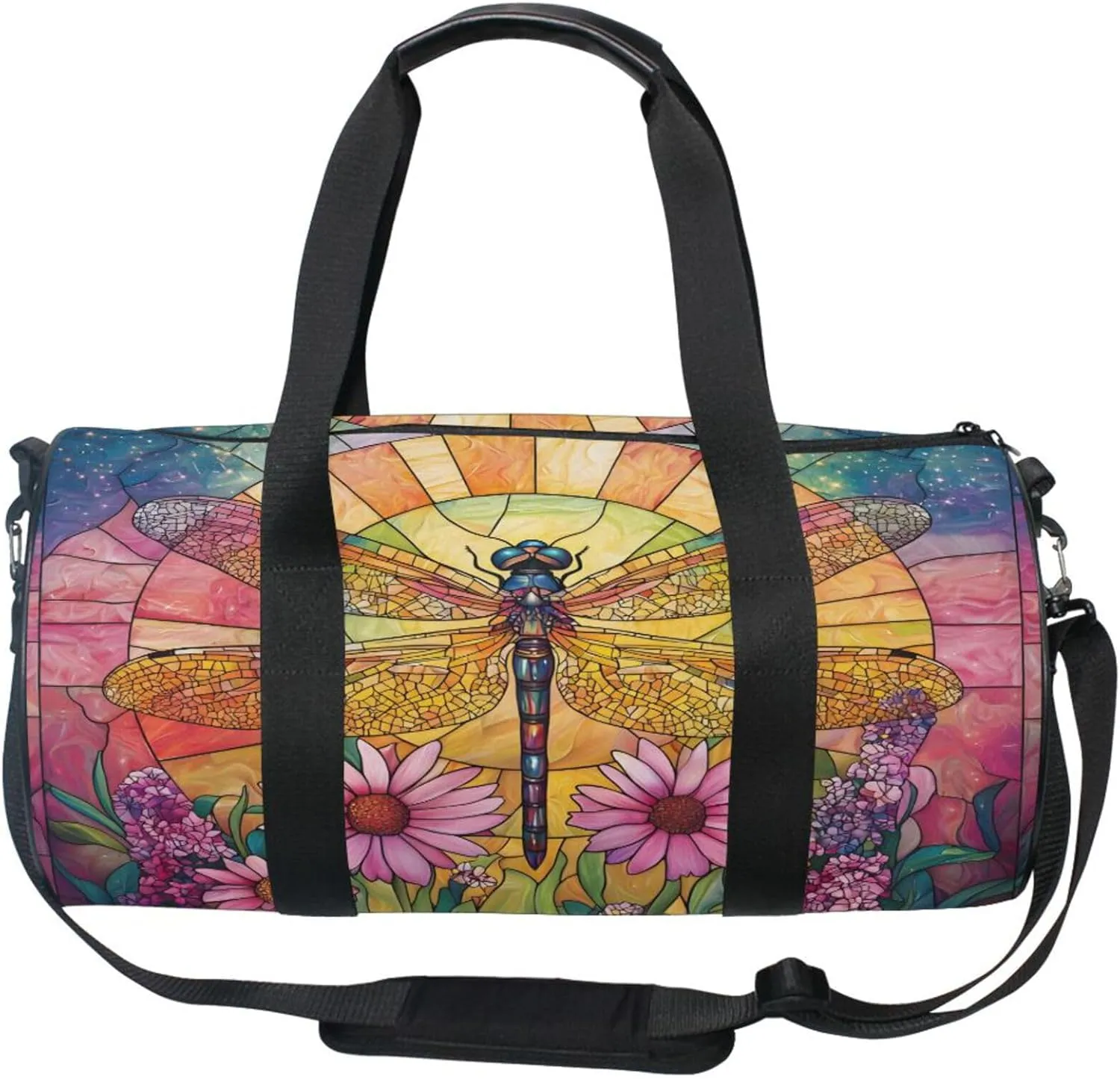 MNSRUU Sports Duffel Bags, Dragonfly Flower Stained Glass Athletic Gym Bag Overnight Workout Travel Tote Luggage for Men Women Yoga