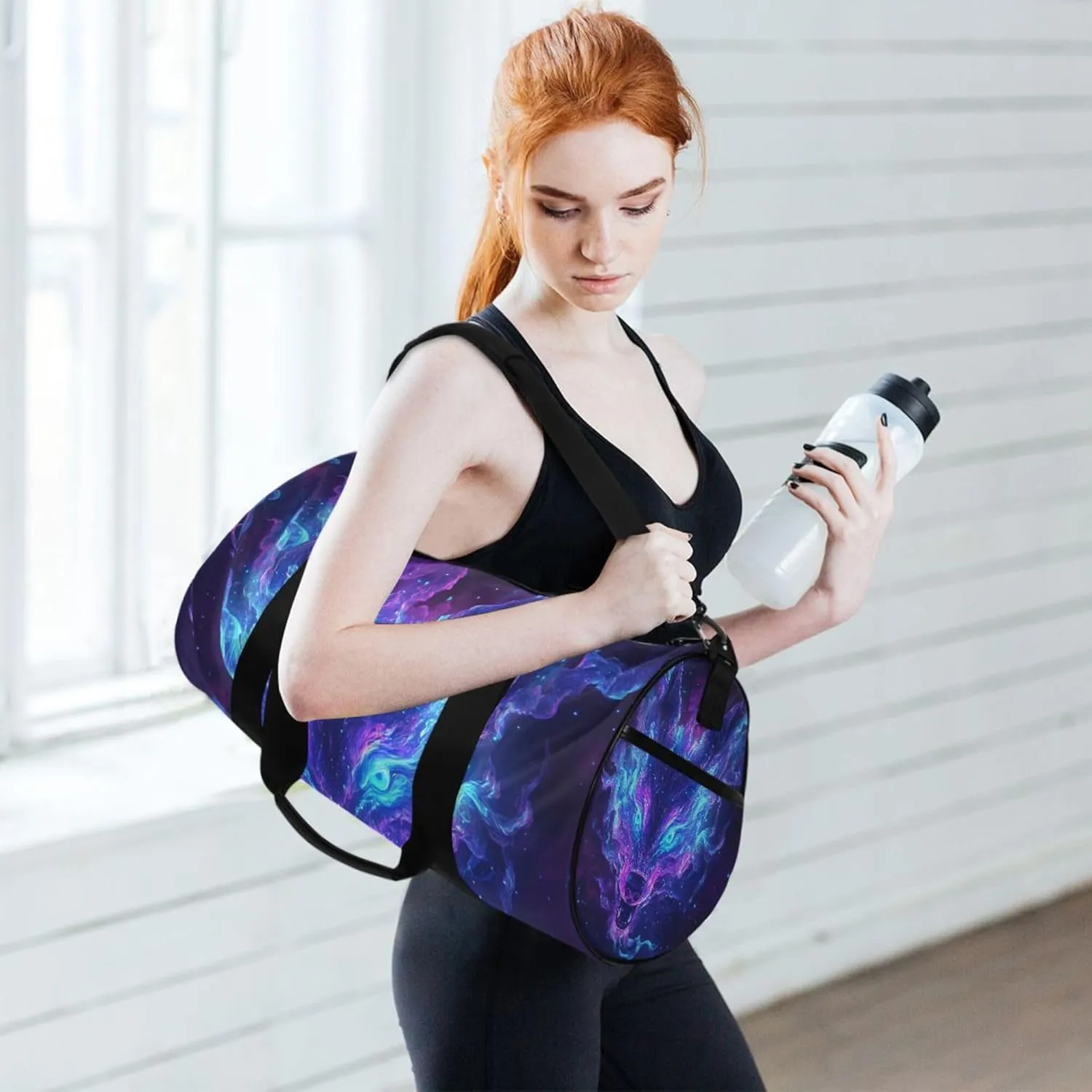 MNSRUU Sports Duffel Bags, Galaxy Wolf Face Blue Eyes Athletic Gym Bag Overnight Workout Travel Tote Luggage for Men Women Yoga