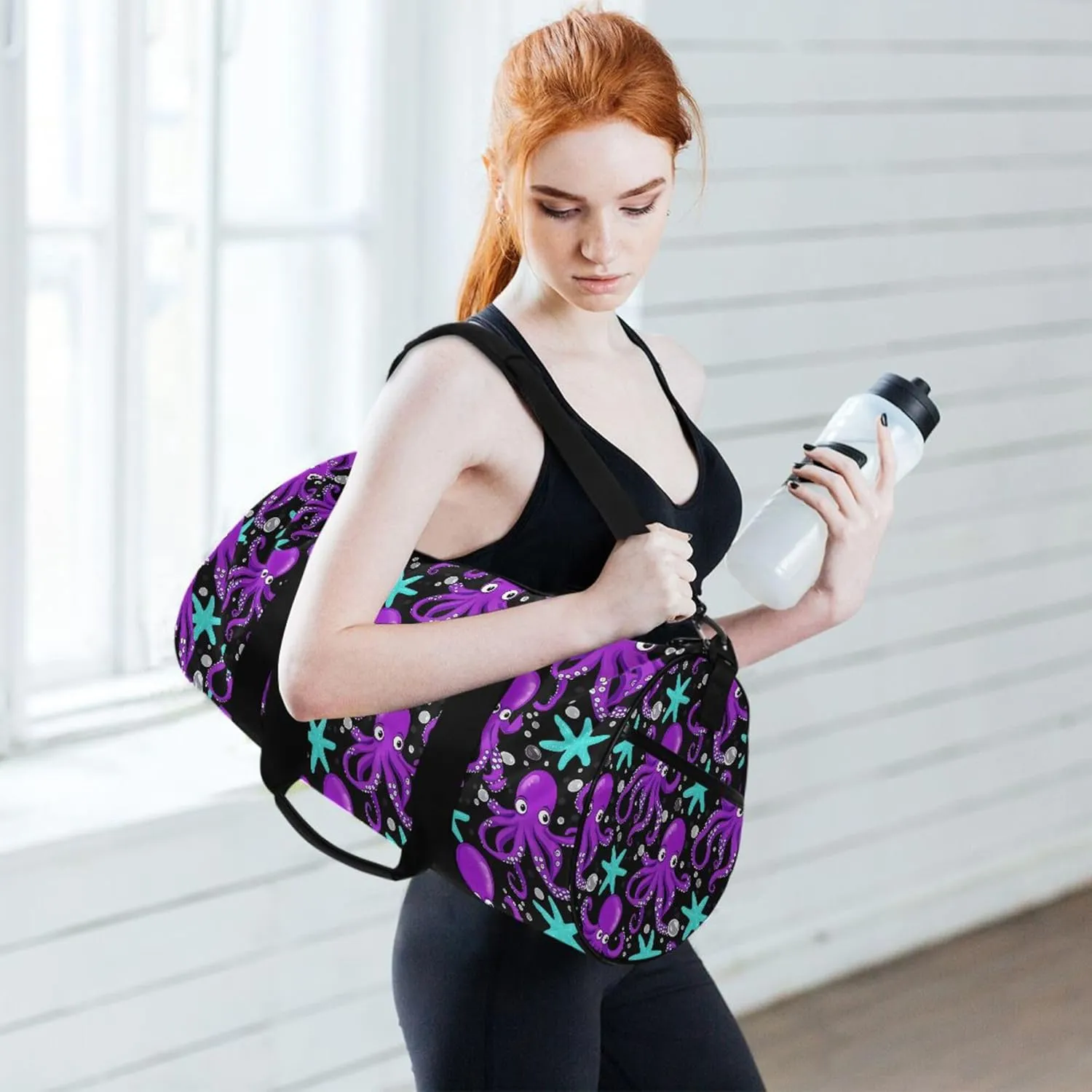 MNSRUU Sports Duffel Bags, Purple Octopus Starfish Athletic Gym Bag Overnight Workout Travel Tote Luggage for Men Women Yoga