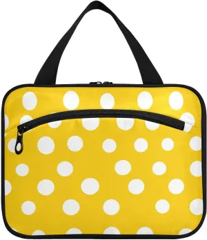 Modern White Rounds Dots Yellow hanging up toiletry bag for women with hook, designer foldable skincare bag for travel essentials trip kit de para mujer M