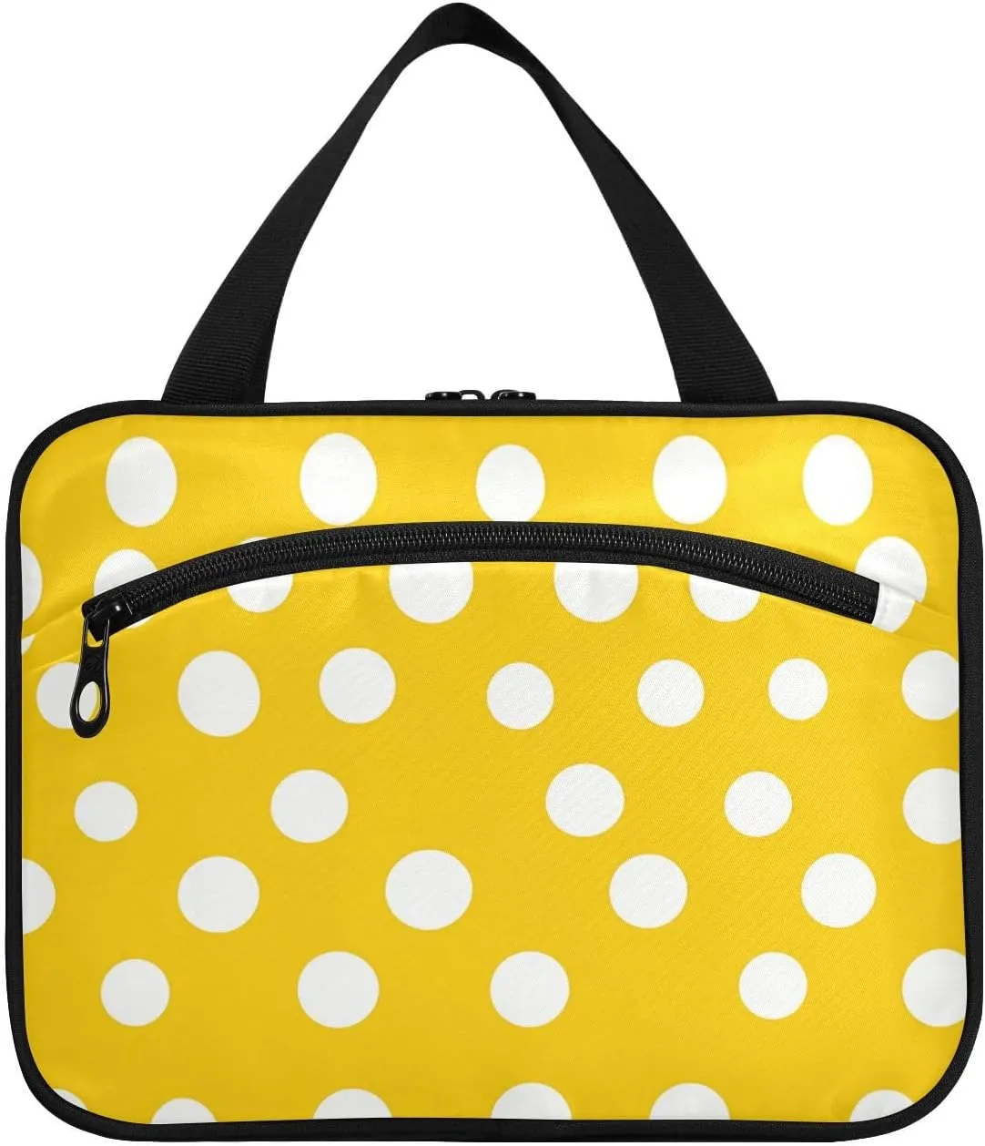 Modern White Rounds Dots Yellow hanging up toiletry bag for women with hook, designer foldable skincare bag for travel essentials trip kit de para mujer M