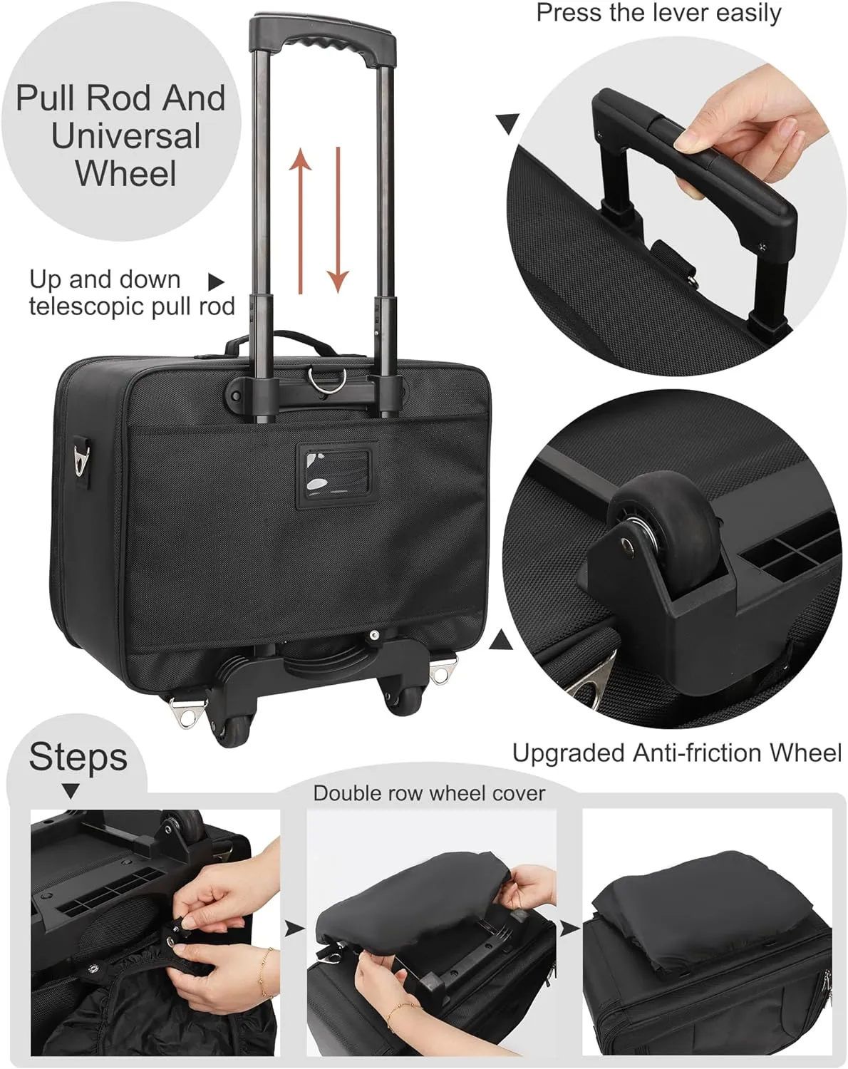 MONSTINA Rolling Makeup Train Case with Four Small Makeup Bag  Professional Hairdressing Bag,Makeup Case for Hairstylist,Makeup Artist Trolley Travel Makeup Case with Adjustable Divider (Black)