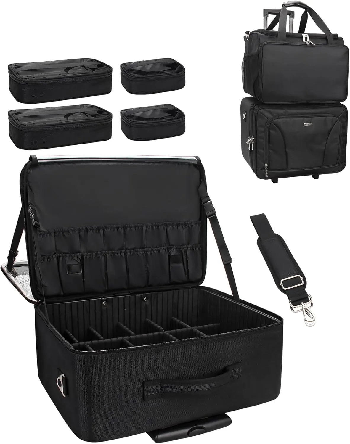 MONSTINA Rolling Makeup Train Case with Four Small Makeup Bag  Professional Hairdressing Bag,Makeup Case for Hairstylist,Makeup Artist Trolley Travel Makeup Case with Adjustable Divider (Black)