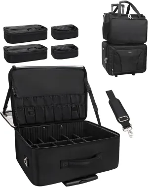 MONSTINA Rolling Makeup Train Case with Four Small Makeup Bag  Professional Hairdressing Bag,Makeup Case for Hairstylist,Makeup Artist Trolley Travel Makeup Case with Adjustable Divider (Black)
