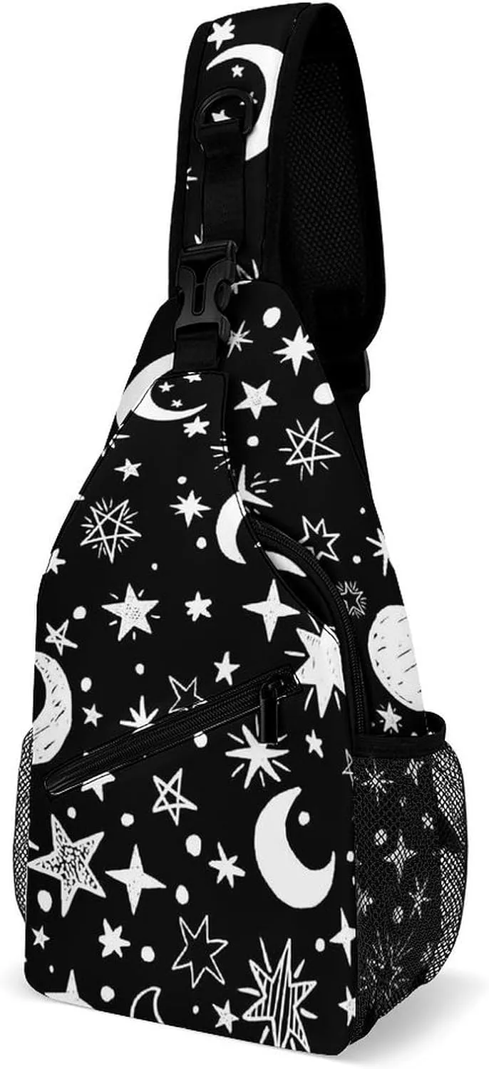 Moons-stars-black-white Sling Bag Crossbody Backpack for Men Women Chest Bag For Travel Hiking Cycling Camping