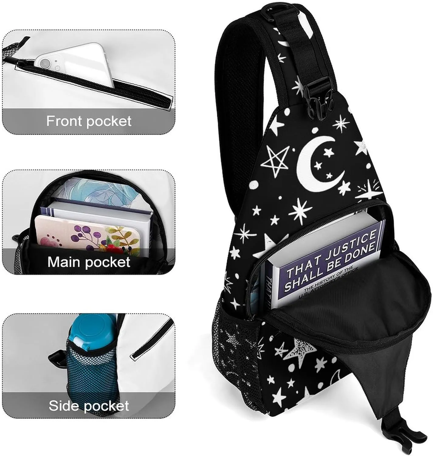 Moons-stars-black-white Sling Bag Crossbody Backpack for Men Women Chest Bag For Travel Hiking Cycling Camping