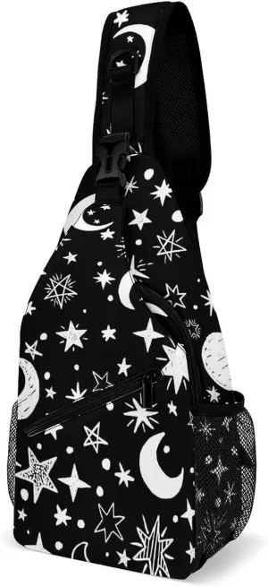 Moons-stars-black-white Sling Bag Crossbody Backpack for Men Women Chest Bag For Travel Hiking Cycling Camping