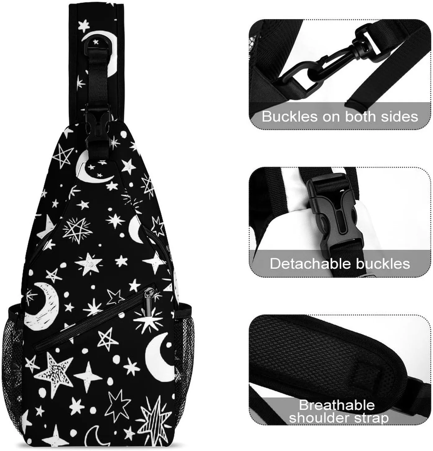 Moons-stars-black-white Sling Bag Crossbody Backpack for Men Women Chest Bag For Travel Hiking Cycling Camping