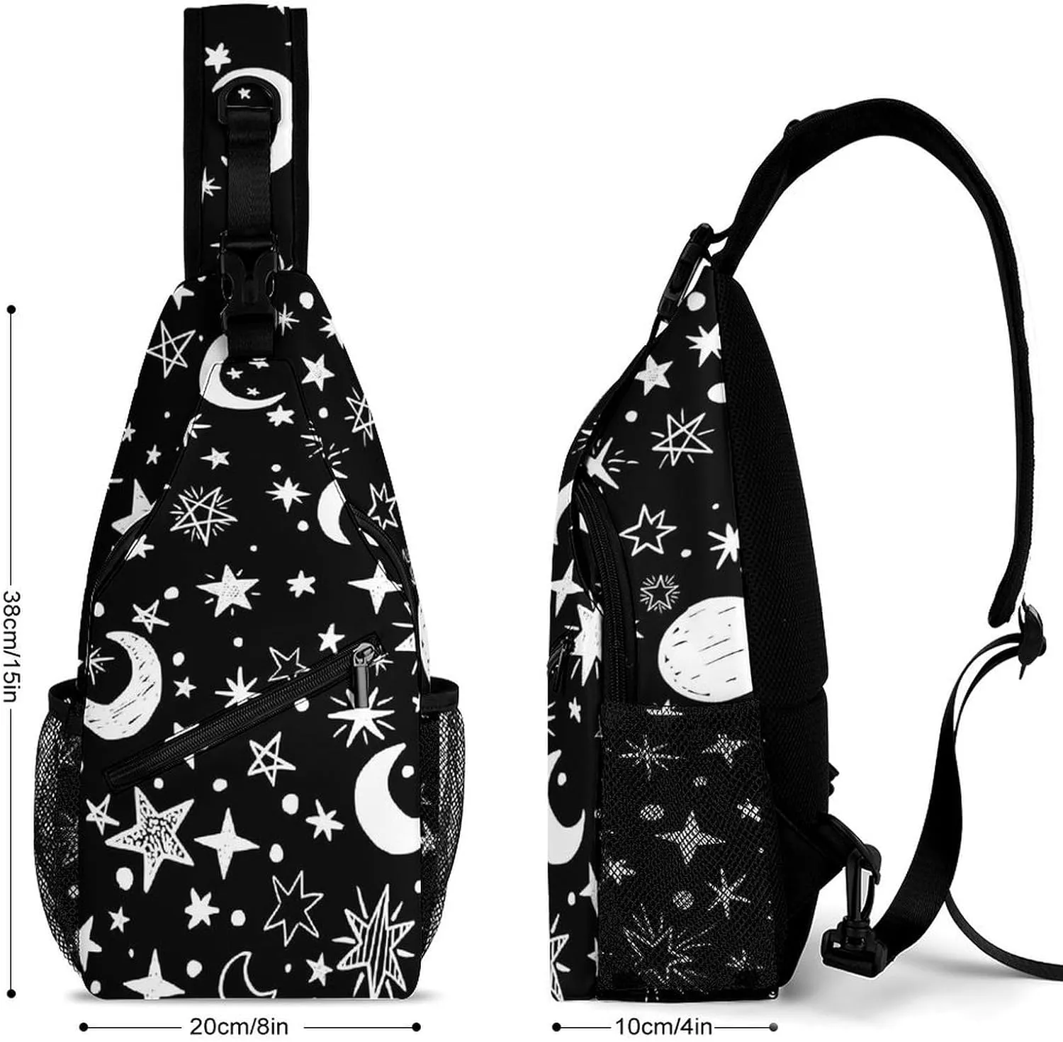Moons-stars-black-white Sling Bag Crossbody Backpack for Men Women Chest Bag For Travel Hiking Cycling Camping