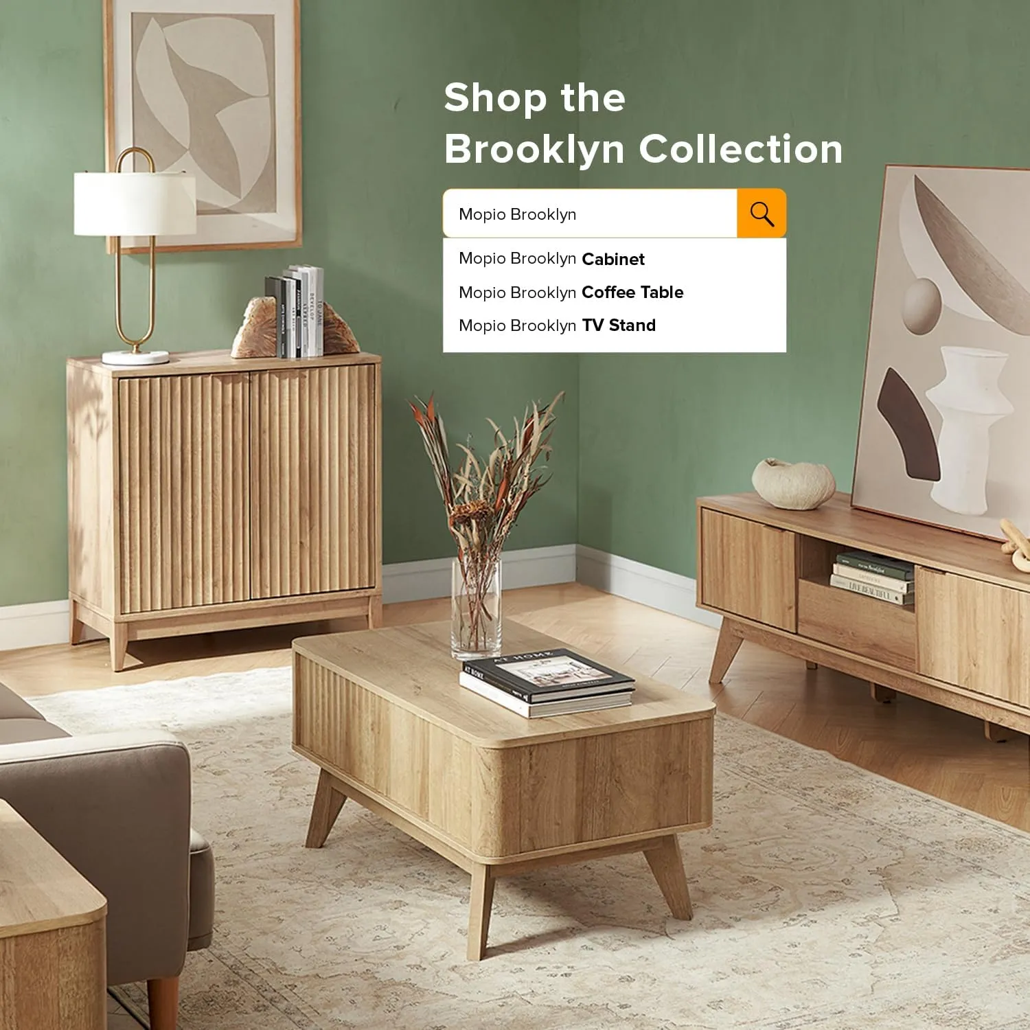 mopio Brooklyn Storage Cabinet, Modern Farmhouse Entryway Accent Case, Buffet Sideboard, Console Table, Credenza, Wood Modular Organizer with Doors & Shelf, Fluted Panel Cupboard (Oak, Single)