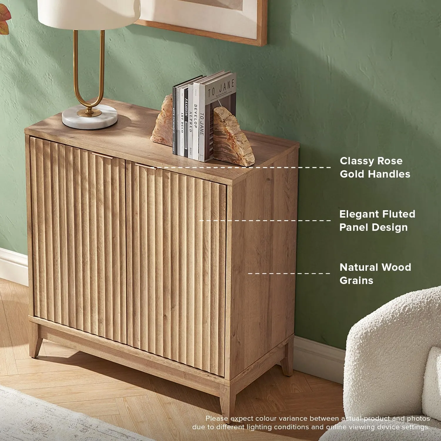 mopio Brooklyn Storage Cabinet, Modern Farmhouse Entryway Accent Case, Buffet Sideboard, Console Table, Credenza, Wood Modular Organizer with Doors & Shelf, Fluted Panel Cupboard (Oak, Single)