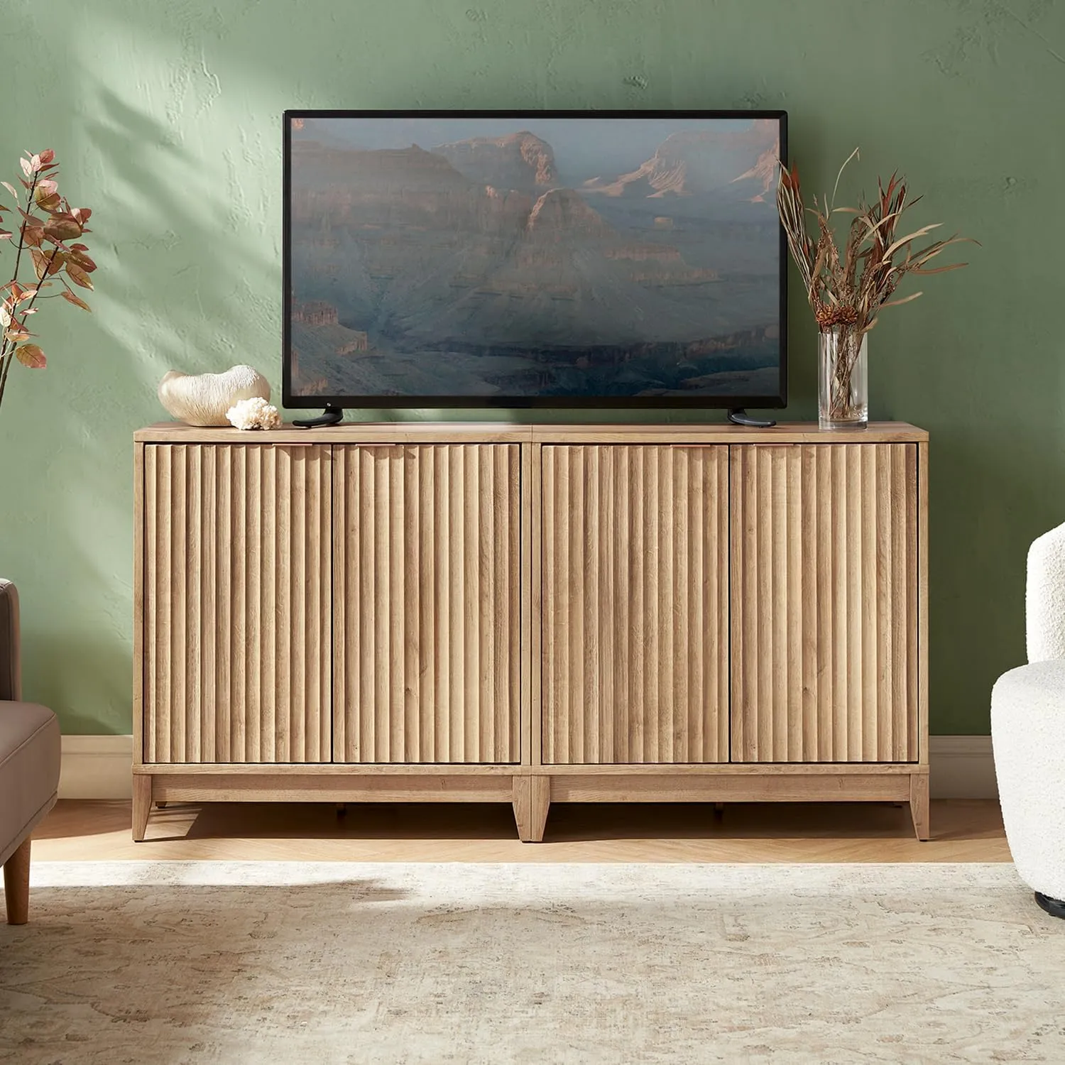 mopio Brooklyn Storage Cabinet, Modern Farmhouse Entryway Accent Case, Buffet Sideboard, Console Table, Credenza, Wood Modular Organizer with Doors & Shelf, Fluted Panel Cupboard (Oak, Single)