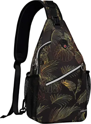 MOSISO Crossbody Sling Backpack, Portable Travel Hiking Daypack Chest Sling Bag Casual Daypack One Strap Chest Backpack for Women Men Outdoor Hiking Travel, Golden Line Monstera Leaf