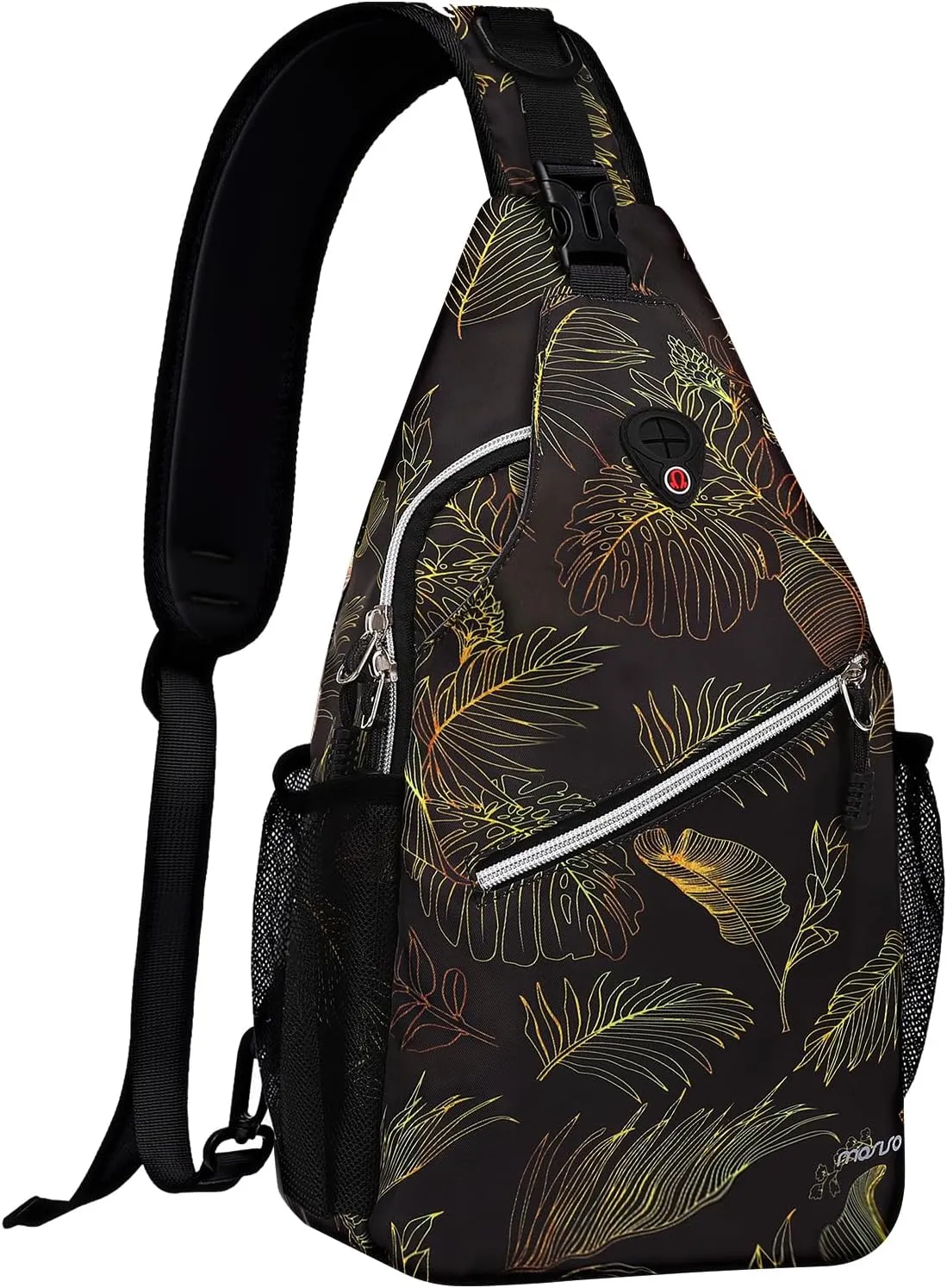 MOSISO Crossbody Sling Backpack, Portable Travel Hiking Daypack Chest Sling Bag Casual Daypack One Strap Chest Backpack for Women Men Outdoor Hiking Travel, Golden Line Monstera Leaf