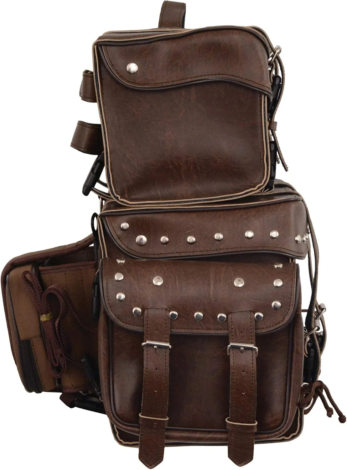Motorcycle 2 pc Retro Brown Touring Back pack Studed Sissy Bar Bag Luggage Waterproof Rain Cover