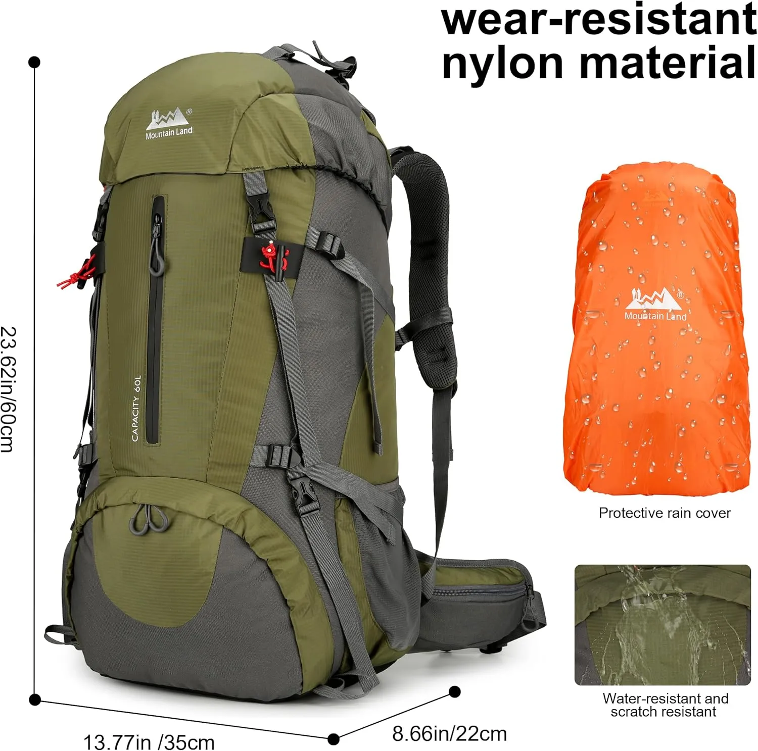 Mountain Land 60L Hiking Waterproof Camping Backpack - Lightweight Durable Large Camping Backpack with Rain Cover Outdoor Sport Backpacking Daypack with Shoe Compartment for Travel Climbing Army Green
