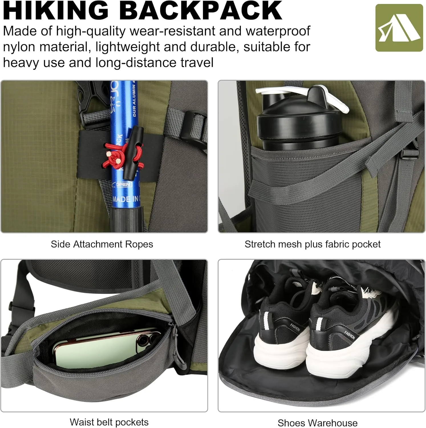 Mountain Land 60L Hiking Waterproof Camping Backpack - Lightweight Durable Large Camping Backpack with Rain Cover Outdoor Sport Backpacking Daypack with Shoe Compartment for Travel Climbing Army Green