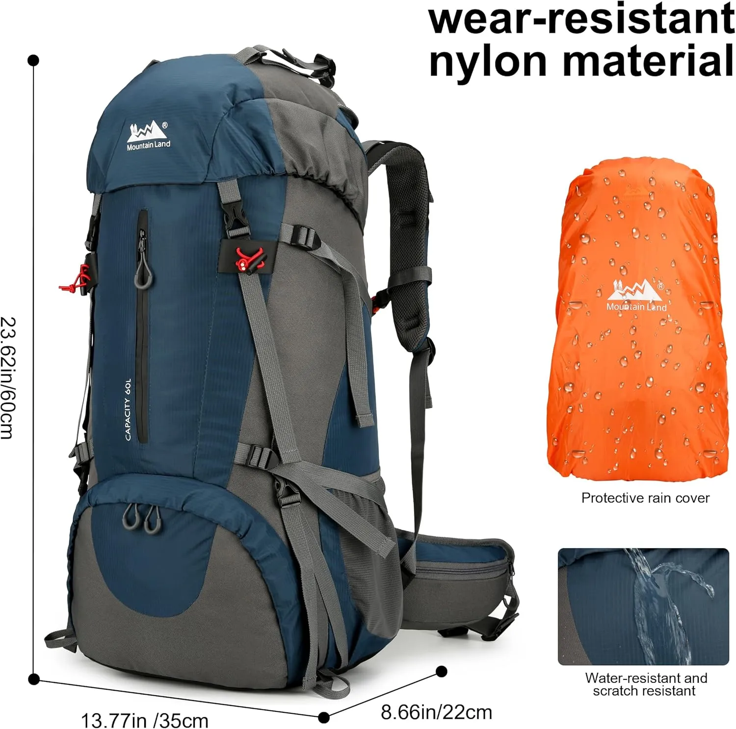 Mountain Land 60L Hiking Waterproof Camping Backpack - Lightweight Durable Large Camping Backpack with Rain Cover Outdoor Sport Backpacking Daypack with Shoe Compartment for Travel Climbing Dark Blue