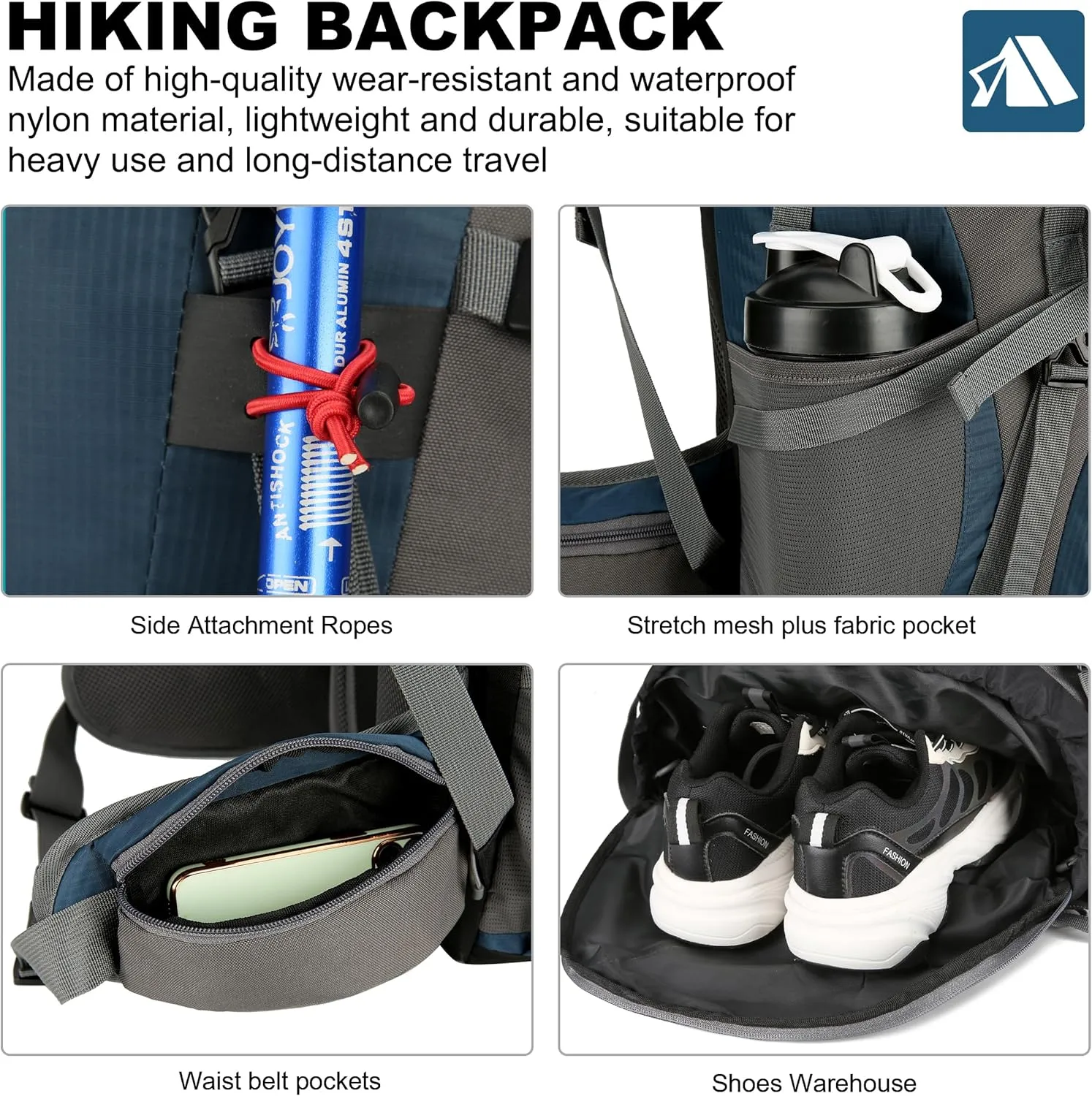 Mountain Land 60L Hiking Waterproof Camping Backpack - Lightweight Durable Large Camping Backpack with Rain Cover Outdoor Sport Backpacking Daypack with Shoe Compartment for Travel Climbing Dark Blue