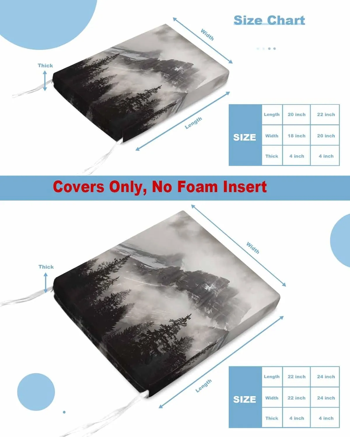 Mountains Forest Outdoor Cushion Chair Cover Set of 2 - Waterproof Couch Seat Covers, Modern Nature Fog Landscape Patio Furniture Protector Cushions Slipcovers for Sofa/RV, 20"x18"x4"