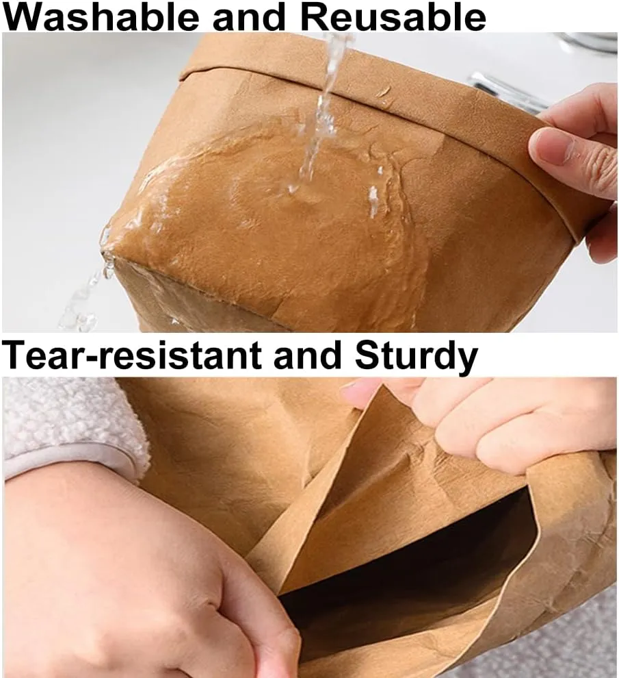 Muka 4 Pack Washable Kraft Paper Bag, Extra Large Organizer Bag for Dining and Kitchen 9-3/4 x 9-3/4 x 15-3/4 Inch