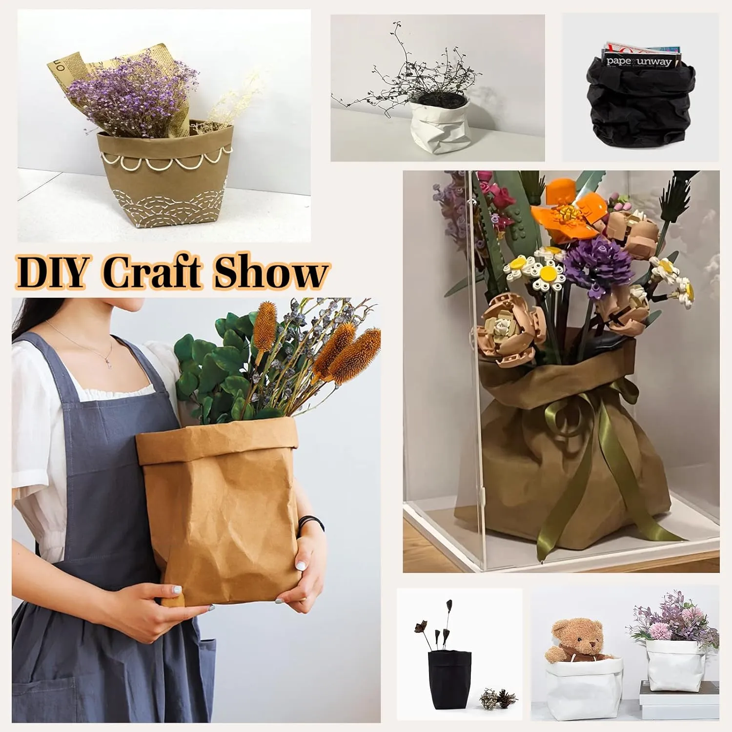 Muka 4 Pack Washable Kraft Paper Bag, Extra Large Organizer Bag for Dining and Kitchen 9-3/4 x 9-3/4 x 15-3/4 Inch