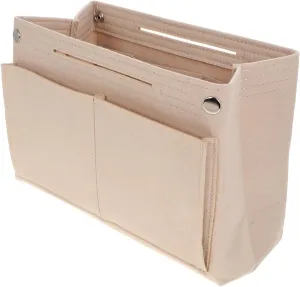 Multi Pocket Felt Makeup Organizer Bag Capacity Double Cosmetic Purse with Snap Button Closure Travel Insert for Women Soft Felt Material Beige