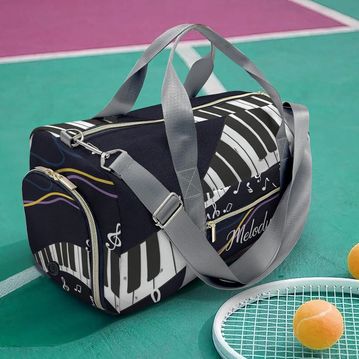 Music Dream Piano Personalized Duffel Bag,Custom Travel Gym Bag with Name,Waterproof Sports Overnight Bag with Shoe Compartment & Shoulder Strap