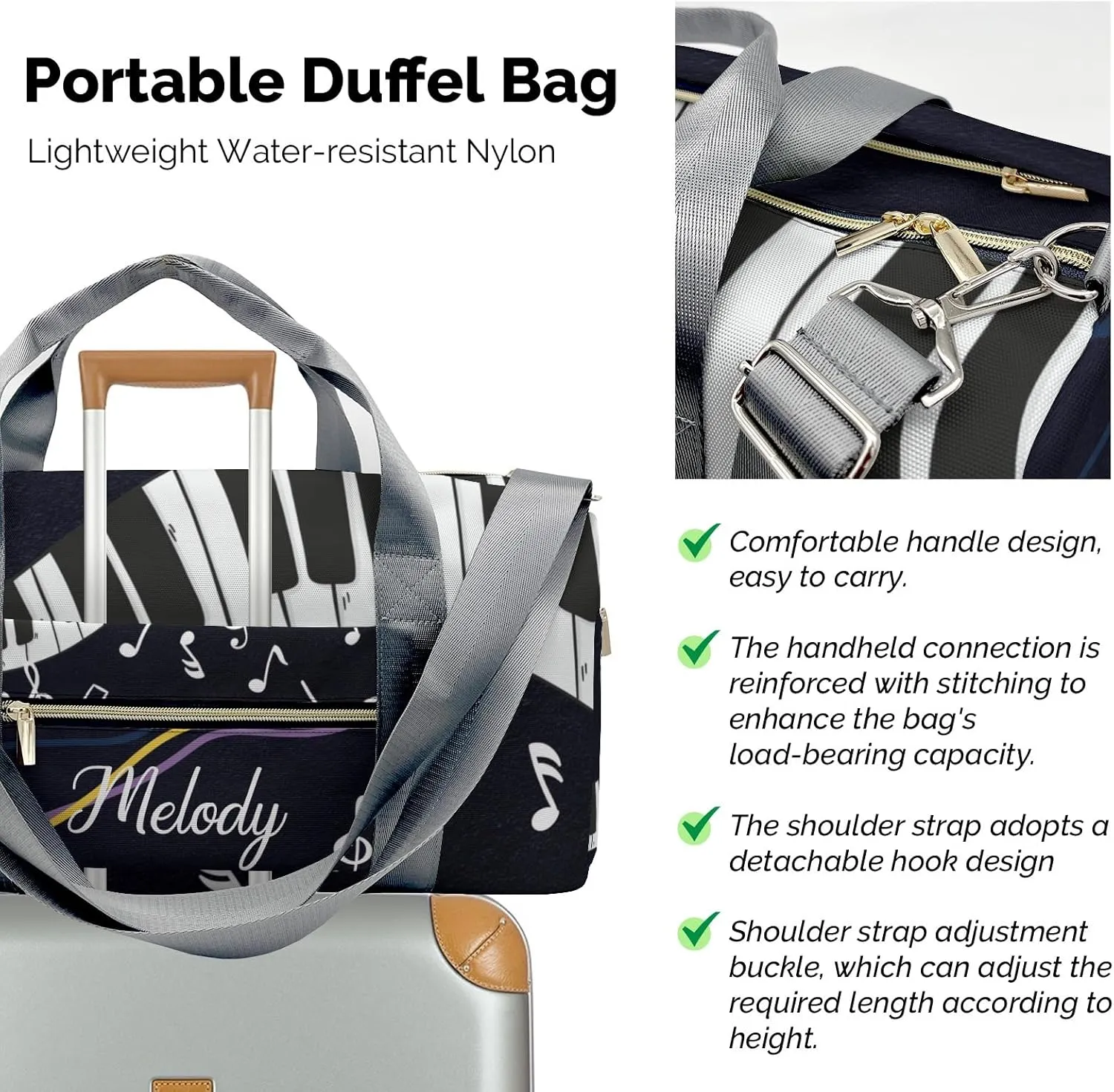 Music Dream Piano Personalized Duffel Bag,Custom Travel Gym Bag with Name,Waterproof Sports Overnight Bag with Shoe Compartment & Shoulder Strap