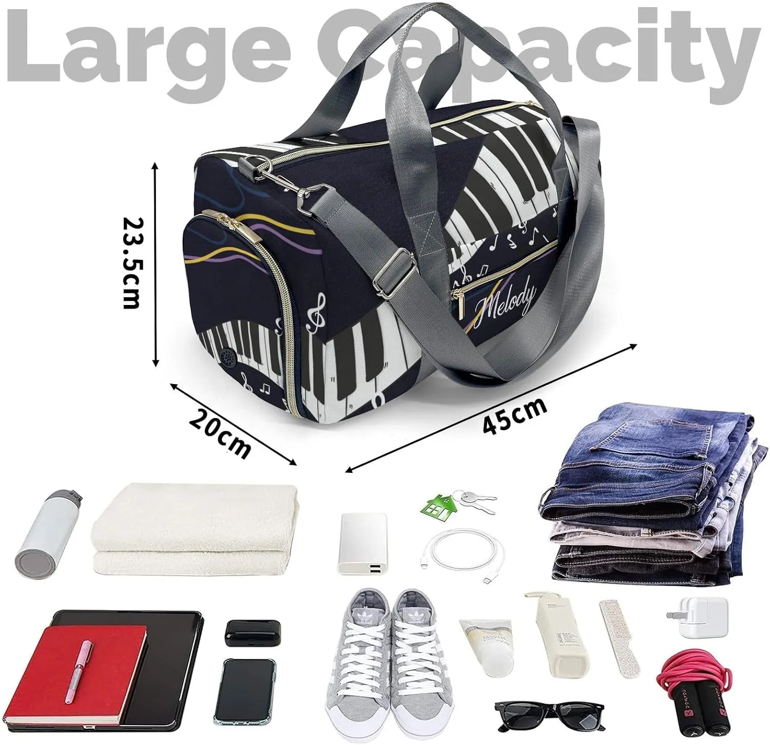 Music Dream Piano Personalized Duffel Bag,Custom Travel Gym Bag with Name,Waterproof Sports Overnight Bag with Shoe Compartment & Shoulder Strap