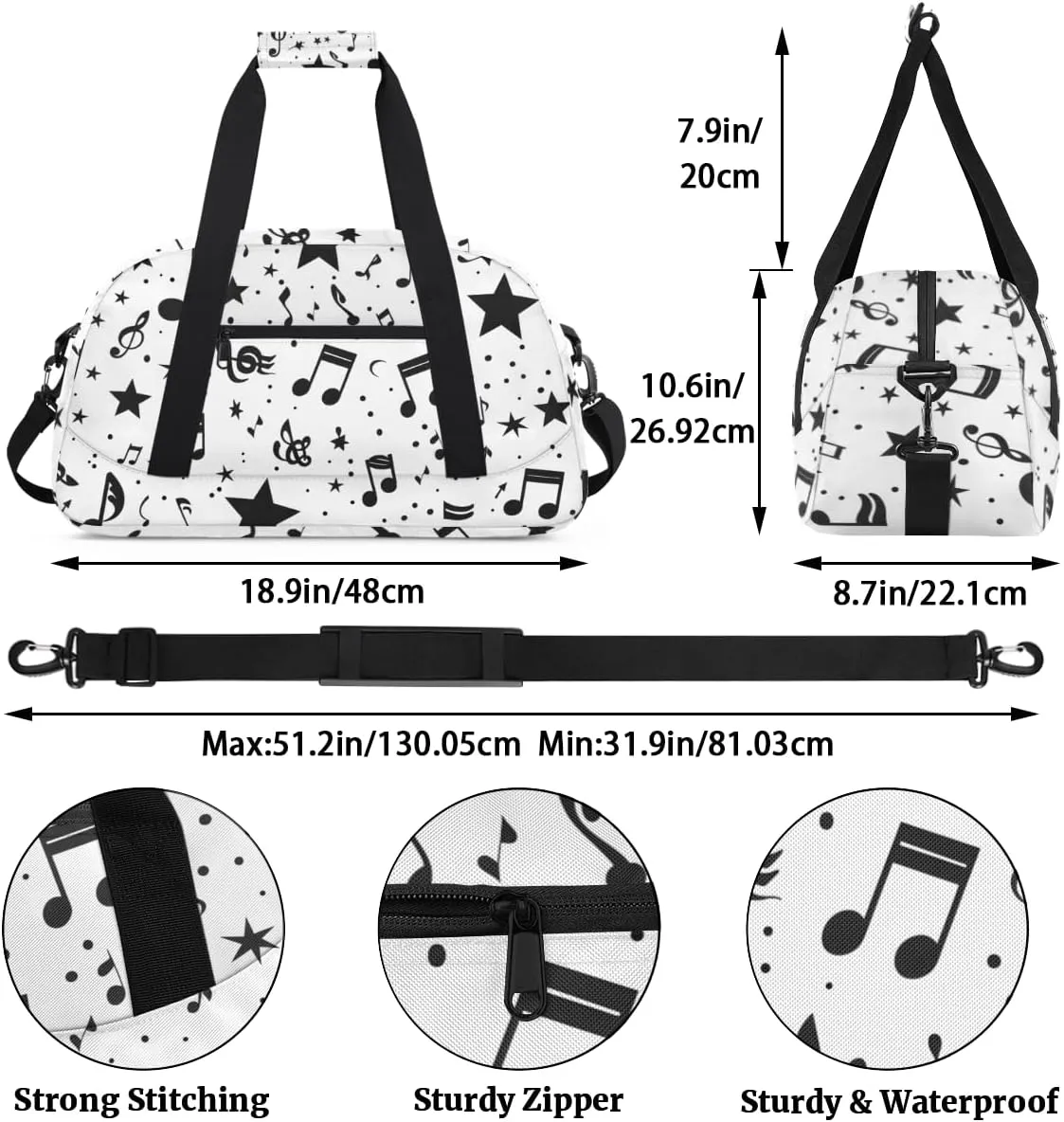 Music Notes Stars Boys Girls Gym Bag Dance Perform Training Duffel Bags Weekender Carry-On Tote Luggage Bag Ideal for School Practice or Overnight Trips