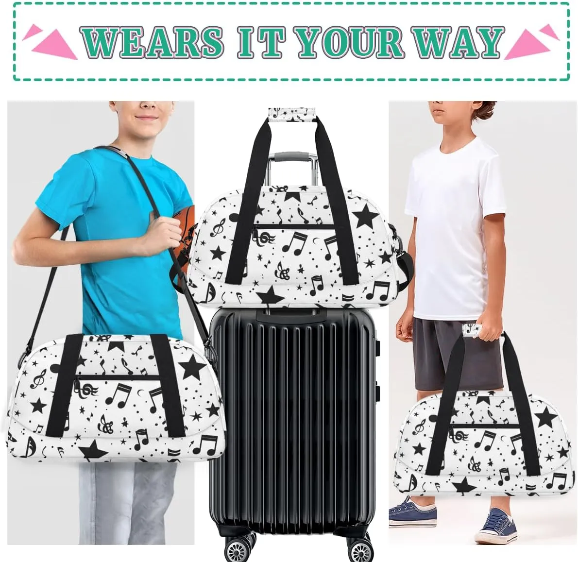 Music Notes Stars Boys Girls Gym Bag Dance Perform Training Duffel Bags Weekender Carry-On Tote Luggage Bag Ideal for School Practice or Overnight Trips