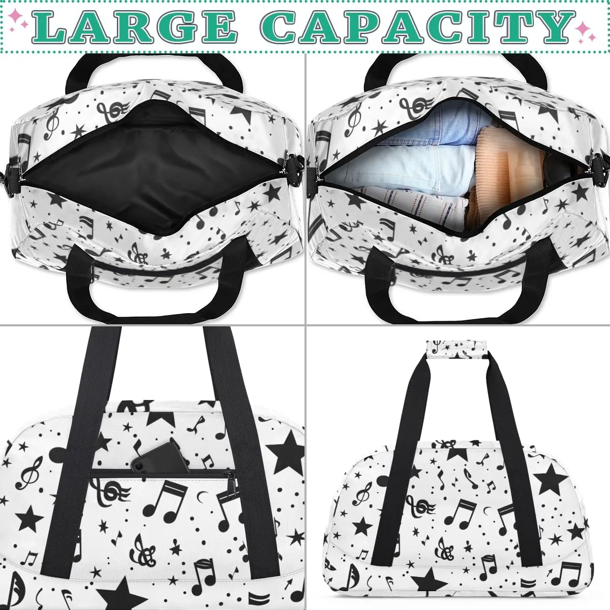 Music Notes Stars Boys Girls Gym Bag Dance Perform Training Duffel Bags Weekender Carry-On Tote Luggage Bag Ideal for School Practice or Overnight Trips