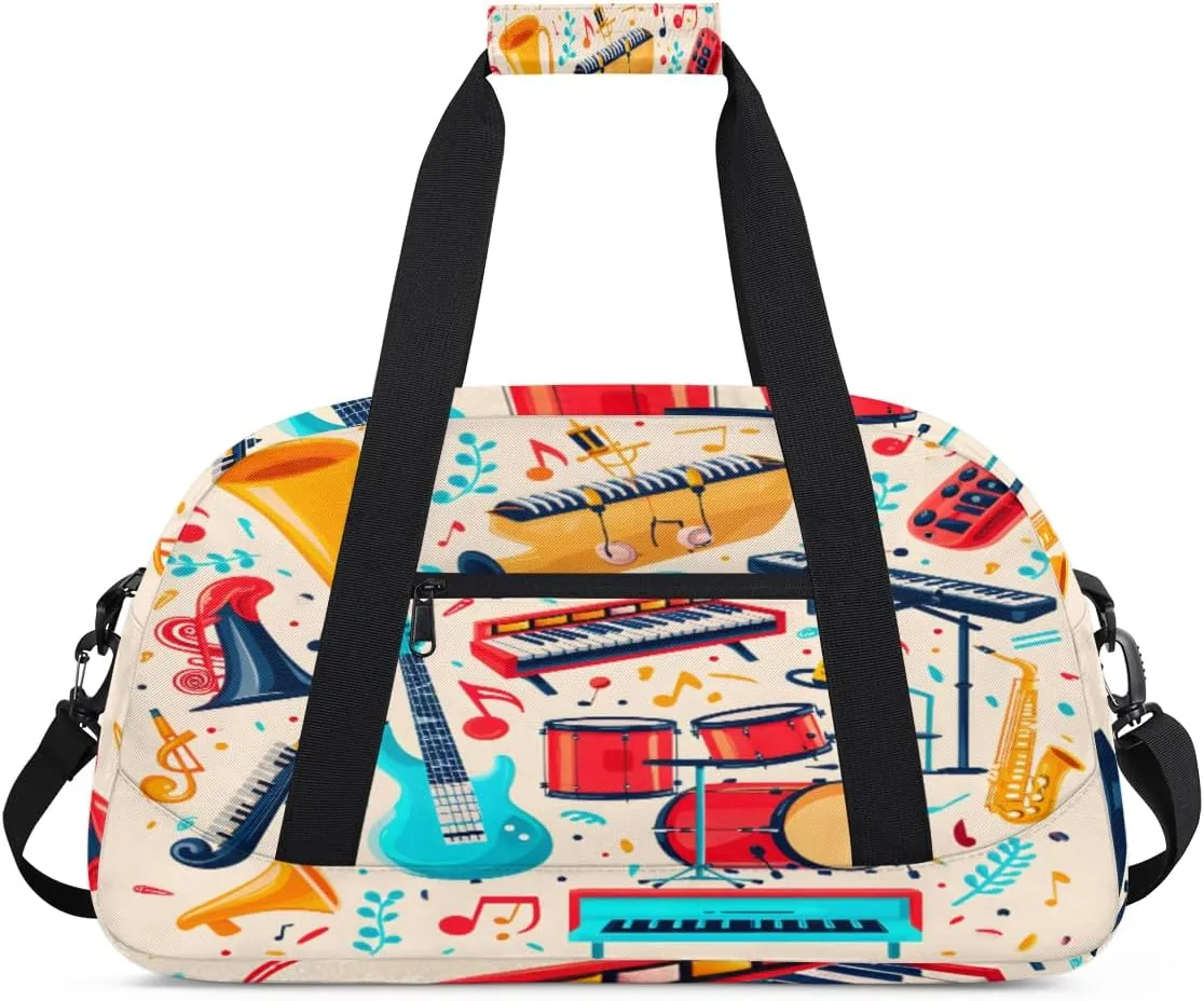 Musical Instruments Gym Duffel Bag for Men Women Cartoon Instruments Sports Tote Bag with Adjustable Shoulder Strap for Dance Gymnastics Traveling Outdoor Camping Overnight Stay