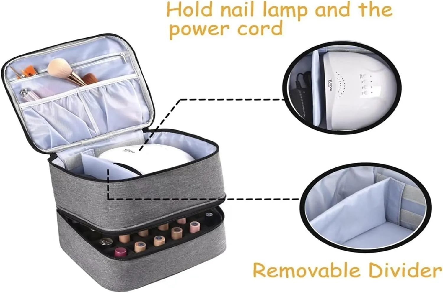 Nail Polish Carrying Case Bag – Holds 30 Bottles, Storage Organizer with Dividers – Double Layer Travel Nail Polish Holder Case for Manicure Tools, Nail Tech, DIY at Home or Salon (Gray)