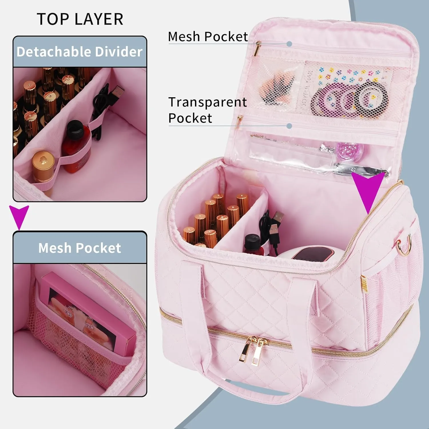 Nail Polish Organizer Case,Nail Storage Organizer Holds Nail Lamp & 50 Bottles Nail Polish,Travel Nail Tech Carrying Case,Nail Kit Organizer Bag Fits Nail Supplies & Manicure Tools (Patented)